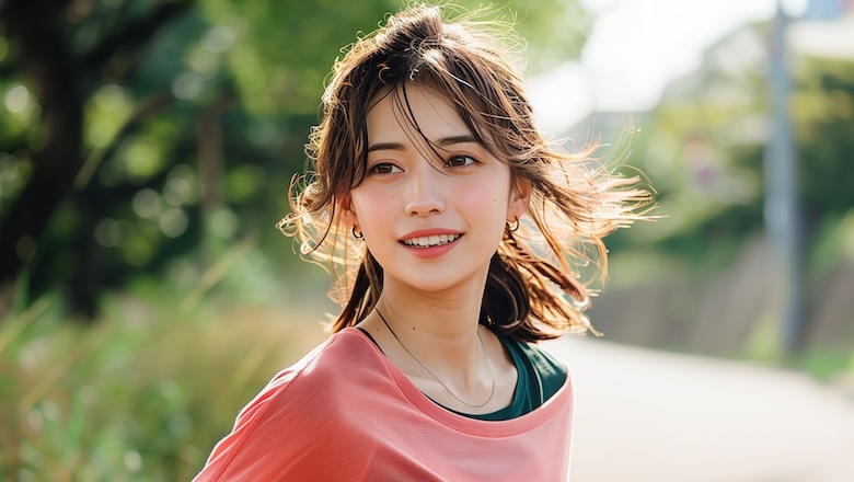 アクティブに動いている女性の画像